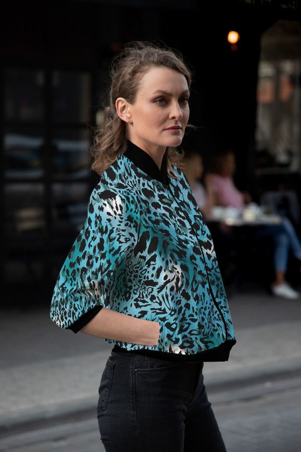 Blue Leopard Print - Ladies Bomber Jacket